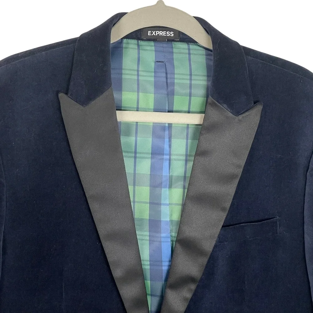 Express‎ Slim 40L Navy Velvet Tuxedo Blazer Satin Lapel Plaid Lining